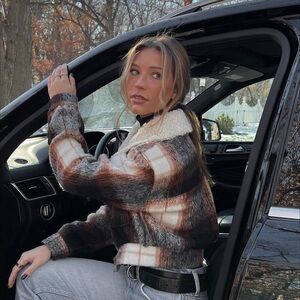 House of Harlow 1960 Revolve Plaid Cropped Jacket with Sherpa Collar